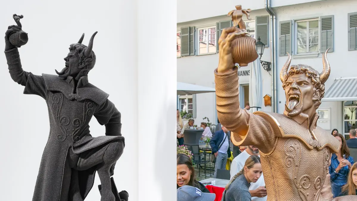 Links die Miniaturversion, rechts das Original bei der feierlichen Enthüllung.