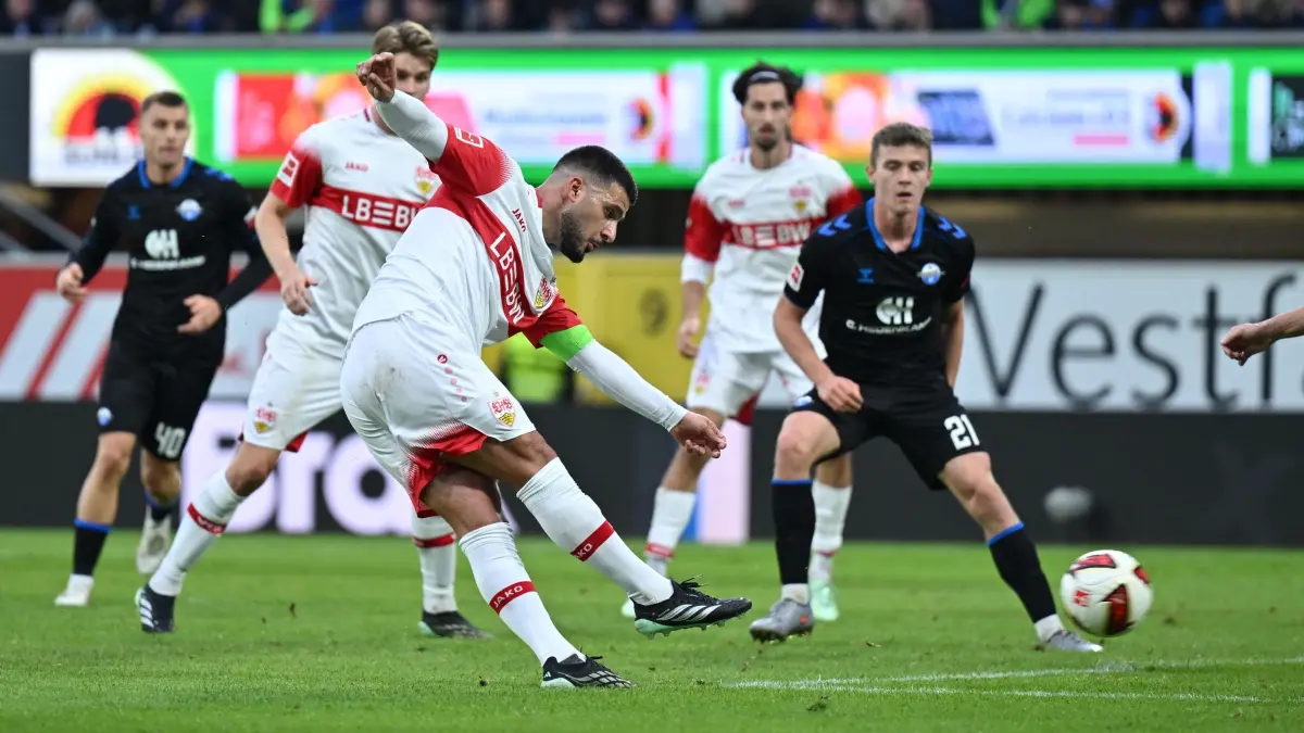 SC Paderborn 07 - VfB Stuttgart: 10.10.2026, Nordrhein-Westfalen, Paderborn: Fußball, Männer: Bundesliga, SC Paderborn 07 - VfB Stuttgart, 5. Spieltag, Home Deluxe Arena. Deniz Undav (VfB Stuttgart) schießt. Foto: Swen Pförtner/dpa - WICHTIGER HINWEIS: Gemäß den Vorgaben der Bundesliga bzw. des DFB Deutscher Fußball-Bund ist es untersagt, in dem Stadion und/oder vom Spiel angefertigte Fotoaufnahmen in Form von Sequenzbildern und/oder videoähnlichen Fotostrecken zu verwerten bzw. verwerten zu lassen. +++ dpa-Bildfunk +++