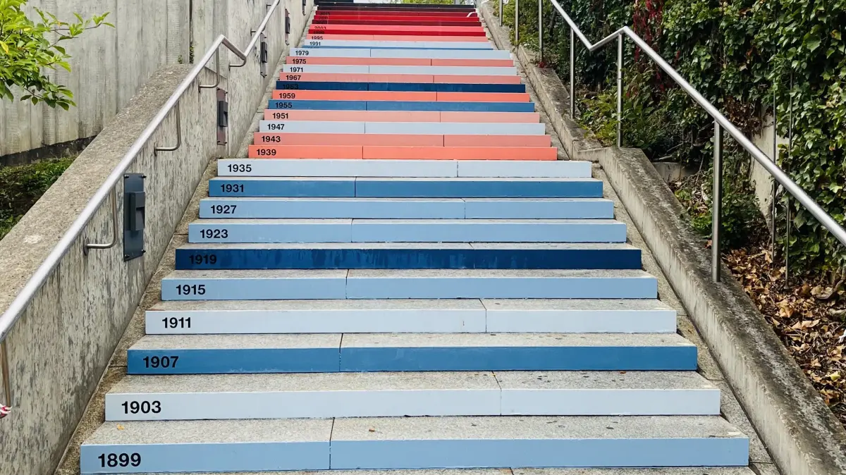 Die Treppe von der Unterführung am Herrenberger Bahnhof wurde vor Kurzem neu angestrichen – in den Farben der sogenannten „Warming Stripes“.