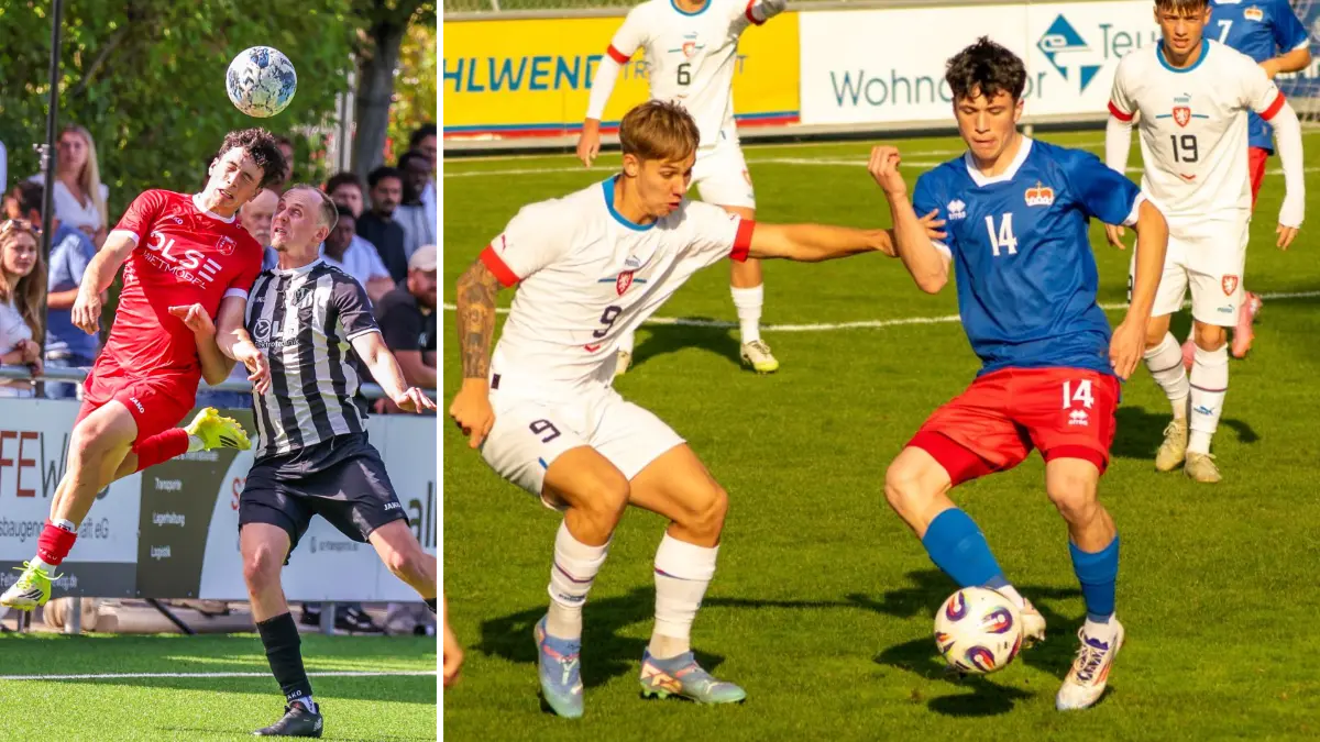 Von der Verbandsliga in die Nations League: Der 19 Jahre junge Bruno Poitner trägt normalerweise das rote Trikot SV Fellbach (linkes Bild), kommt mittlerweile aber auch bereits auf fünf Einsätze für die A-Nationalmannschaft Liechtensteins.