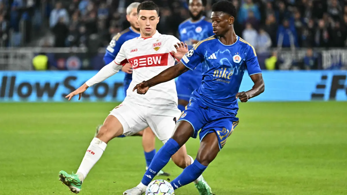 Football: UEFA Champions League - 1st round day 2: Slovan Bratislava (SVK) v VfB Stuttgart (GER): Stuttgart's Moroccan forward #11 Bilal El Khannouss and Slovan Bratislava's Gambian forward #21 Suleiman Camara vie for the ball during the UEFA Champions League - 1st round day 2 - football match SK Slovan Bratislava v VfB Stuttgart in Bratislava, Slovakia on October 14, 2026. (Photo by Joe Klamar / AFP)