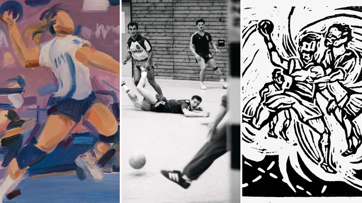 Bittenfelder Handball in der Kunst: "Siebenmeter" (2026) von Johanne Wunderlich, Aktion vor dem Tor (1988) von Peter Oppenländer, Linolschnitt (2026) von Wolfgang Neumann.