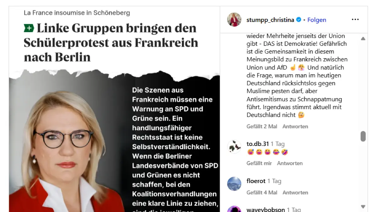 Ein Instagram-Post der Waiblinger Bundestagsabgeordneten Christina Stumpp zieht einen kleinen Shitstorm nach sich.