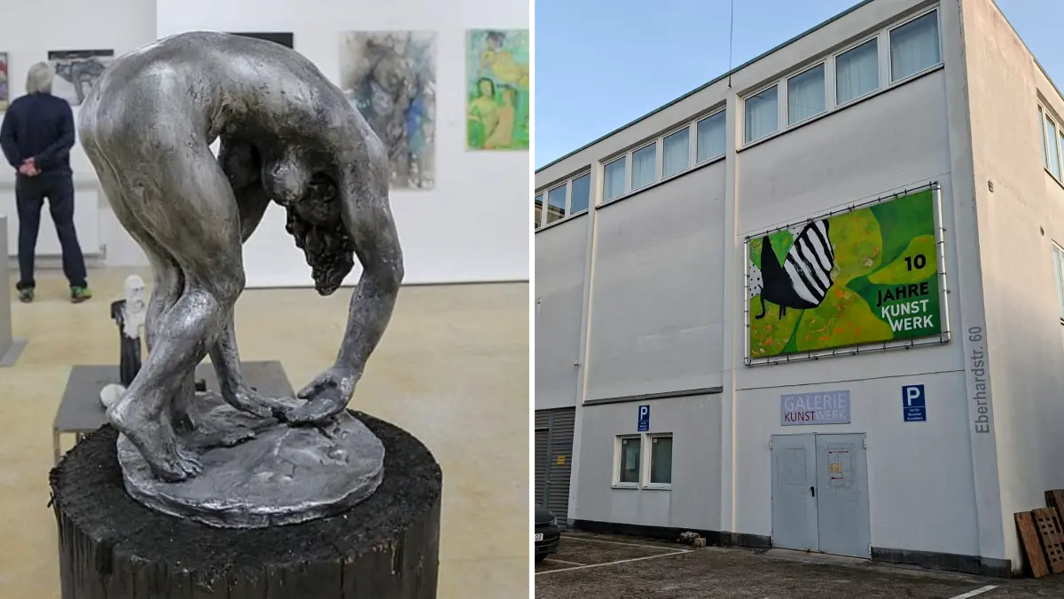 Ein Blick in die Ausstellung "Körper-Phantasien" mit Arbeiten von 50 Künstlern zum Thema Akt im Mai 2016. Rechts der barrierefreie Hintereingang des Kunst-Werks Fellbach in der Eberhardstraße.